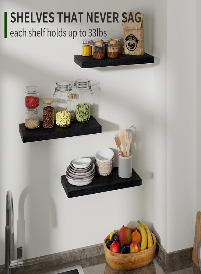 Marsmiles Wood Floating Shelves for Wall Set of 3, 17 Inch Wide Rustic Wooden Floating Shelves, Invisible Wall Mounted Display for Living Room Bedroom Kitchen Bathroom Office, Black - Image 4